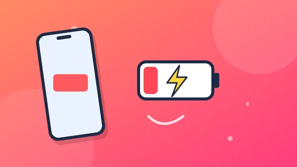 Illustration of a smartphone next to a nearly empty battery with a lightning bolt