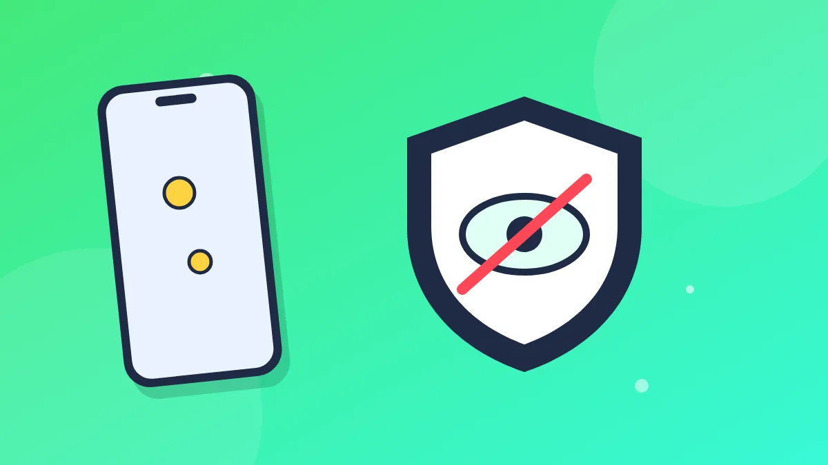 Illustration of a phone beside a shield with a crossed-out eye, representing privacy